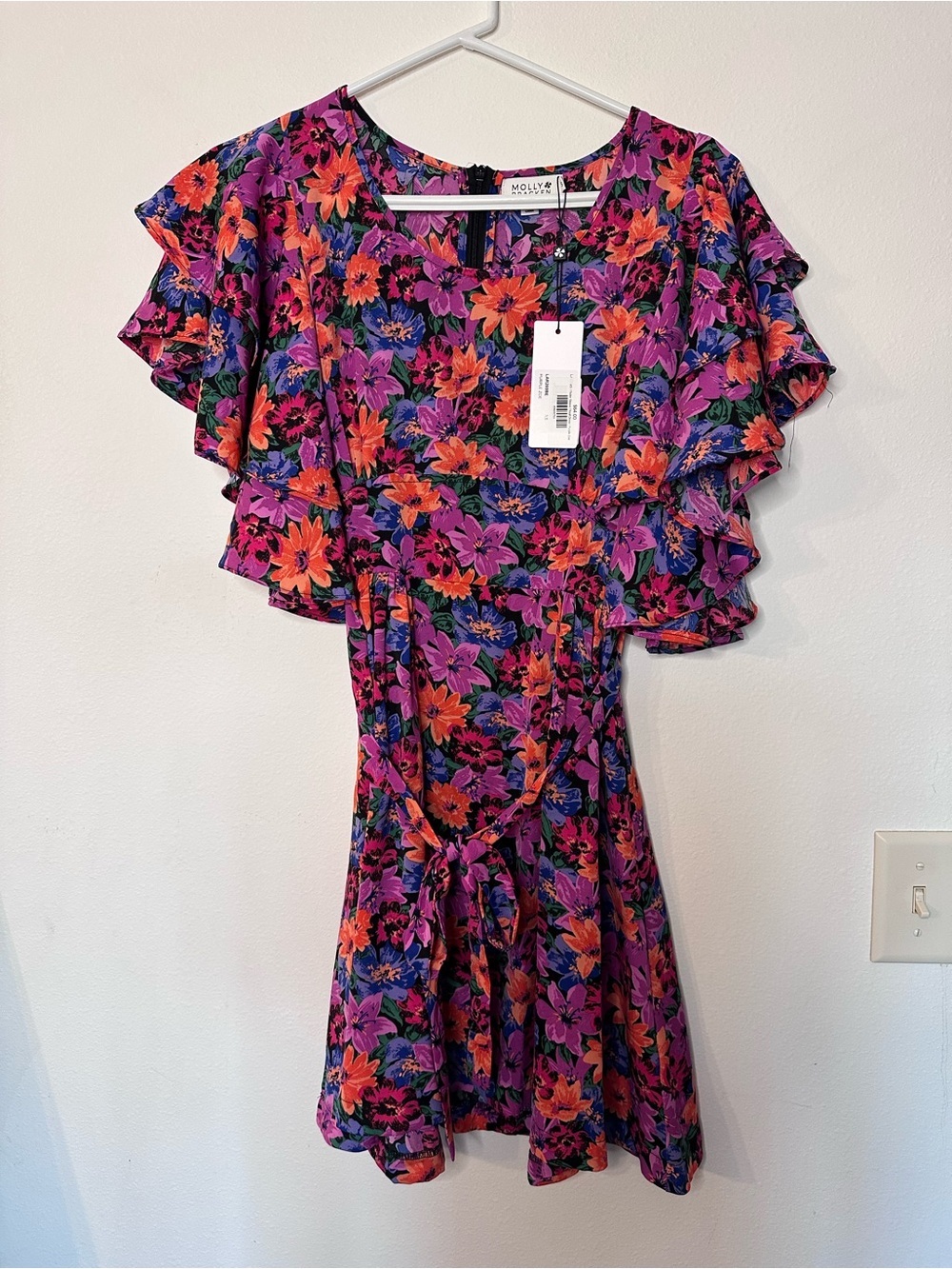 Molly Bracken Purple & Orange Floral Ruffle Midi Dress